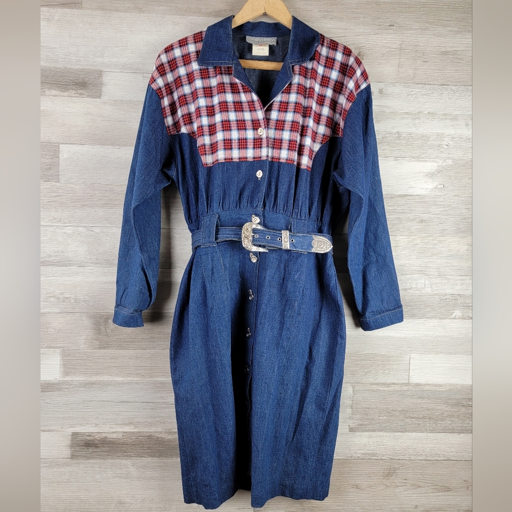 Vintage Carol Anderson Denim, Plaid Button Front Belted Dress Women's 5/6 USA - Picture 8 of 15